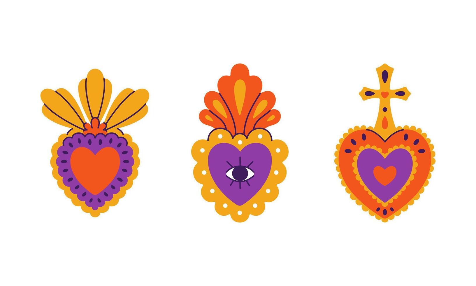 Mexican hearts set. Sacred Mexico love symbols. Holy religious corazons in fire, flame, flower, crown, eye, dagger. Valentine decorations. Flat vector illustrations isolated on white background