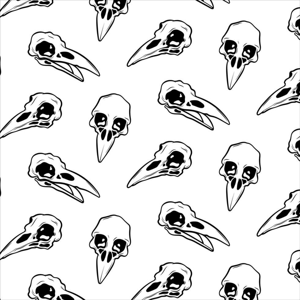 Raven skull. Seamless mystical black and white vector background for textiles, fabrics, wallpaper, packaging. Design for the holiday of the dead and Halloween.