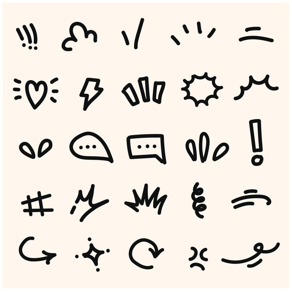 Doodle shine sunburst sparkle ray elements. Hand drawn pop surprise illustration style doodle and line art vector