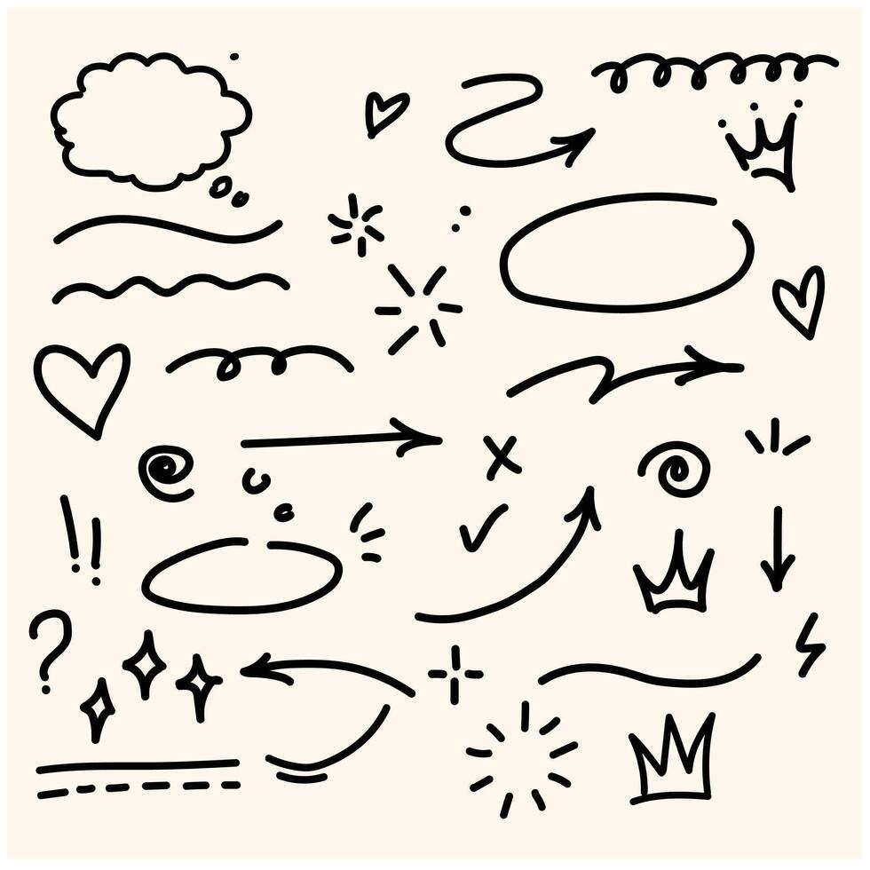 Doodle cute glitter pen line elements. Doodle heart, arrow, star, sparkle decoration symbol set icon. Illustration doodle and line art vector
