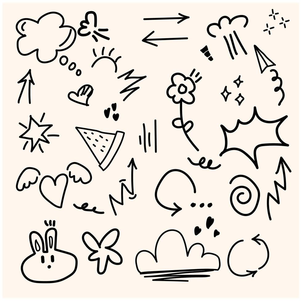 Doodle cute glitter pen line elements. Doodle heart, arrow, star, sparkle decoration symbol set icon. Illustration doodle and line art vector