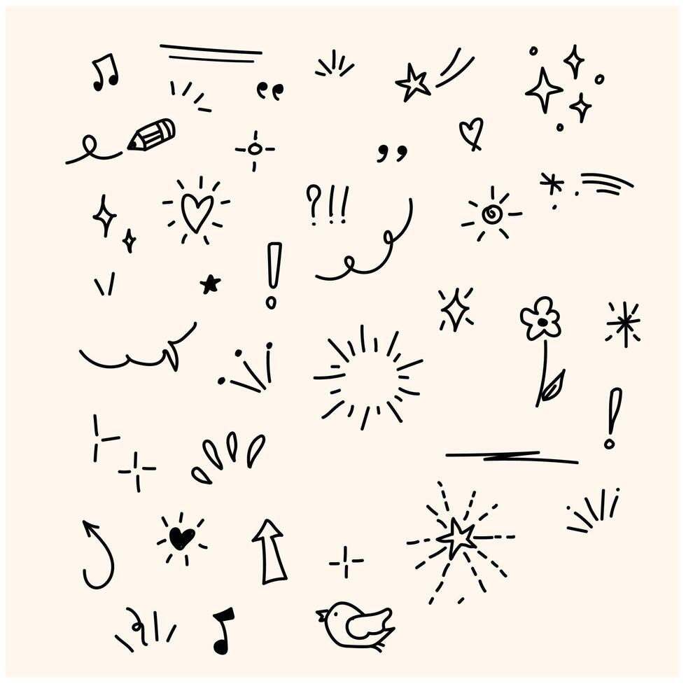 Doodle cute glitter pen line elements. Doodle heart, arrow, star, sparkle decoration symbol set icon. Illustration doodle and line art vector