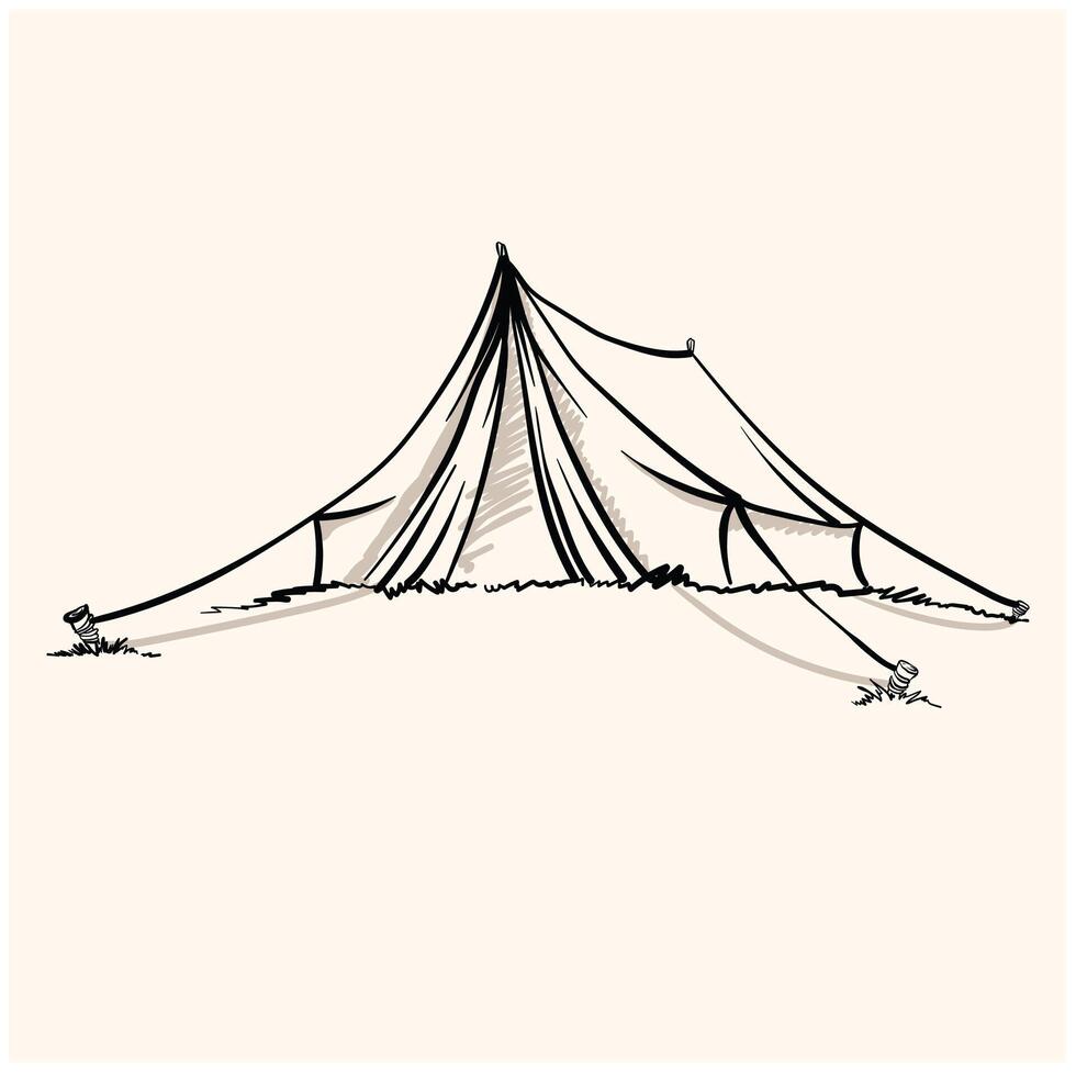 Cute old temporal nylon bivvy stretches rope tied with wooden pegs in the grass. illustration style doodle and line art vector
