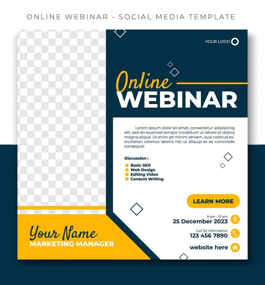 webinar online course yellow social media post template design, event promotion banner vector