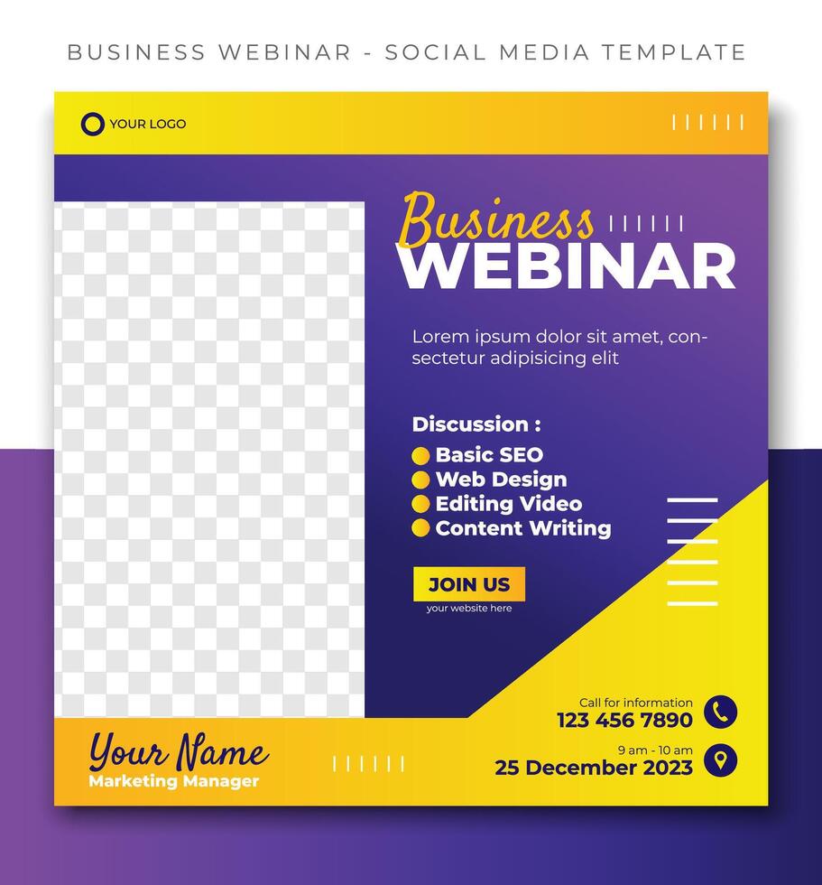 webinar online course purple social media post template design, event promotion banner vector