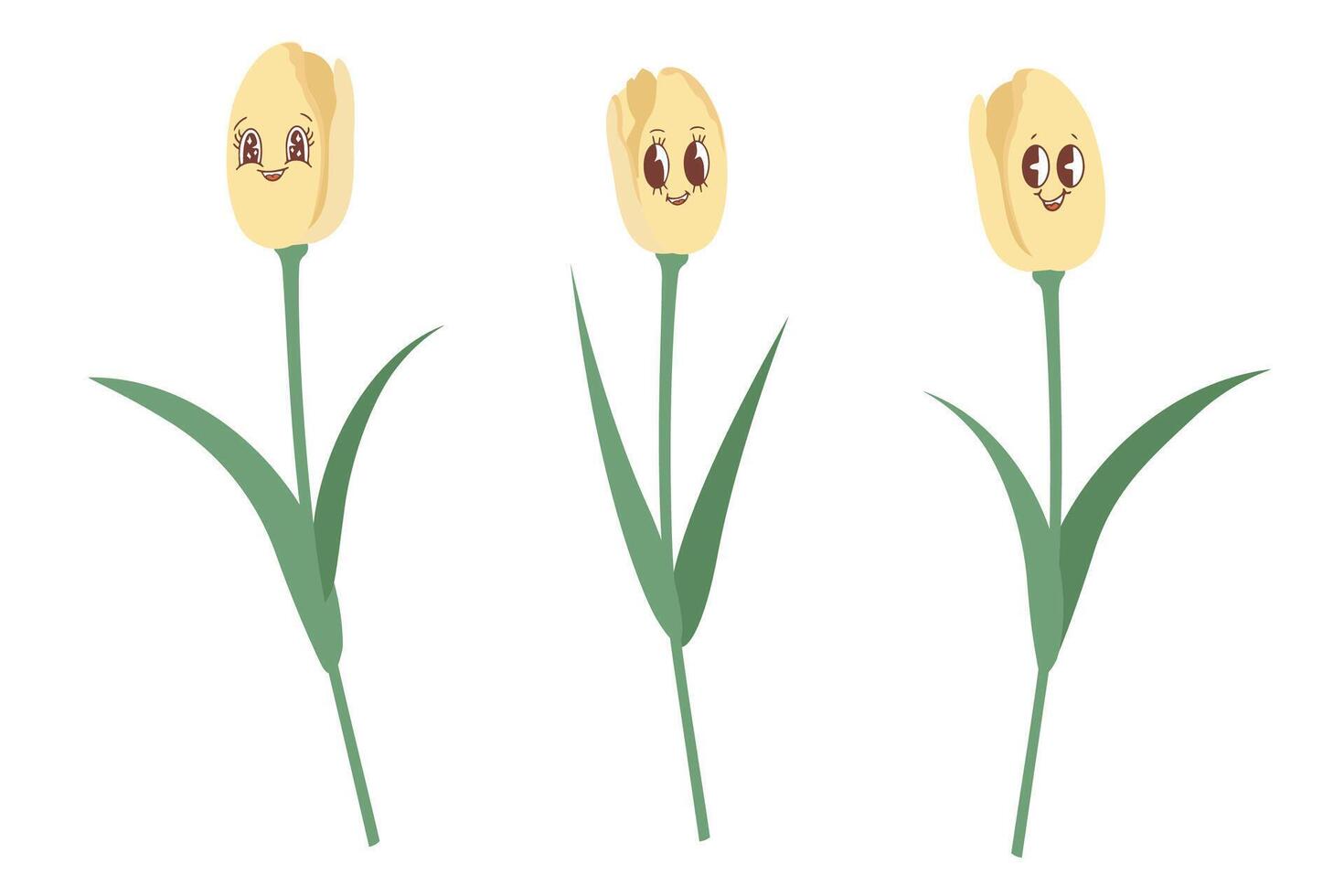 Vector set of isolated yellow tulips. Tulips in the style of kawaii