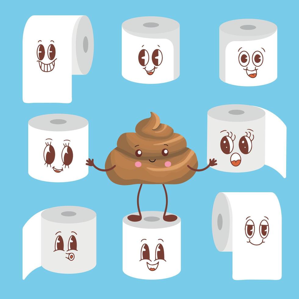 A set of toilet paper rolls in different positions. Illustration of a brown turd. Toilet and bathroom element. Hygiene and sanitation. Cartoon flat illustration vector