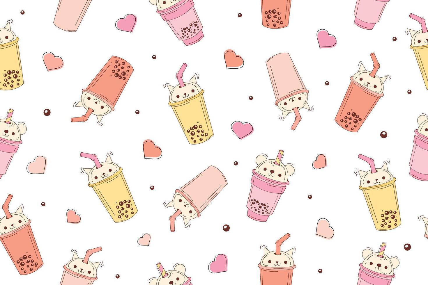 Bubble milk tea funny seamless pattern. Hand drawn kawaii smiled drinks with tapioca pearls. Cute cartoon vector illustration. Colorful background with ice tea characters. Vector illustration