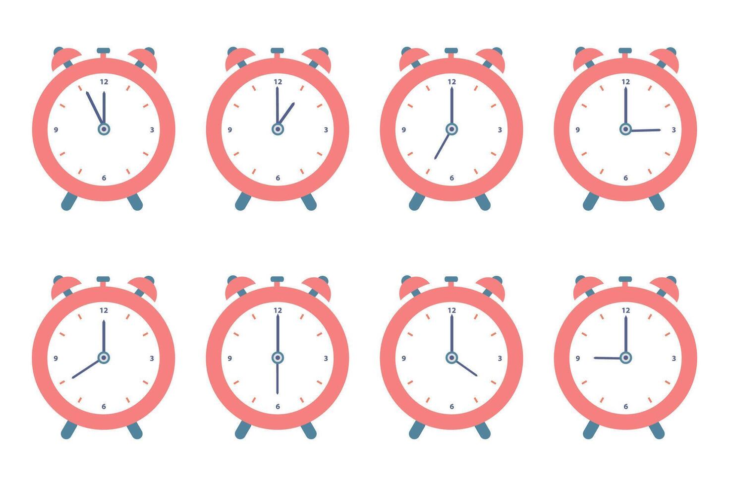 Set of red alarm clocks. Vector illustration in flat style isolated on white background.