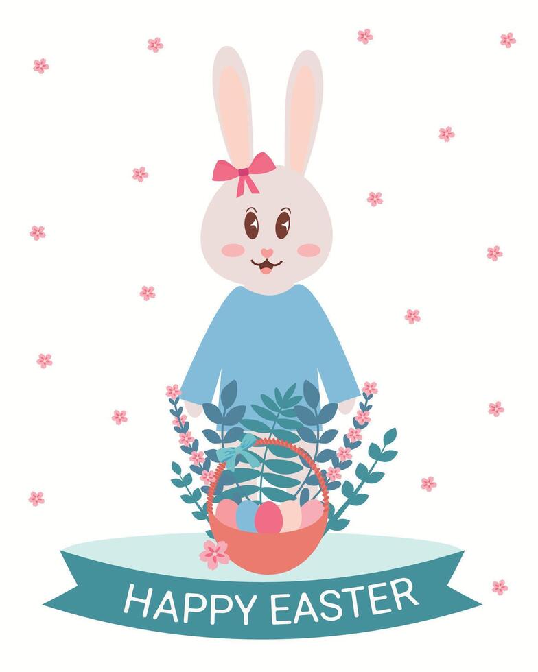 Happy easter vector illustration. Easter poster with bunny, basket, colorful eggs and flowers.