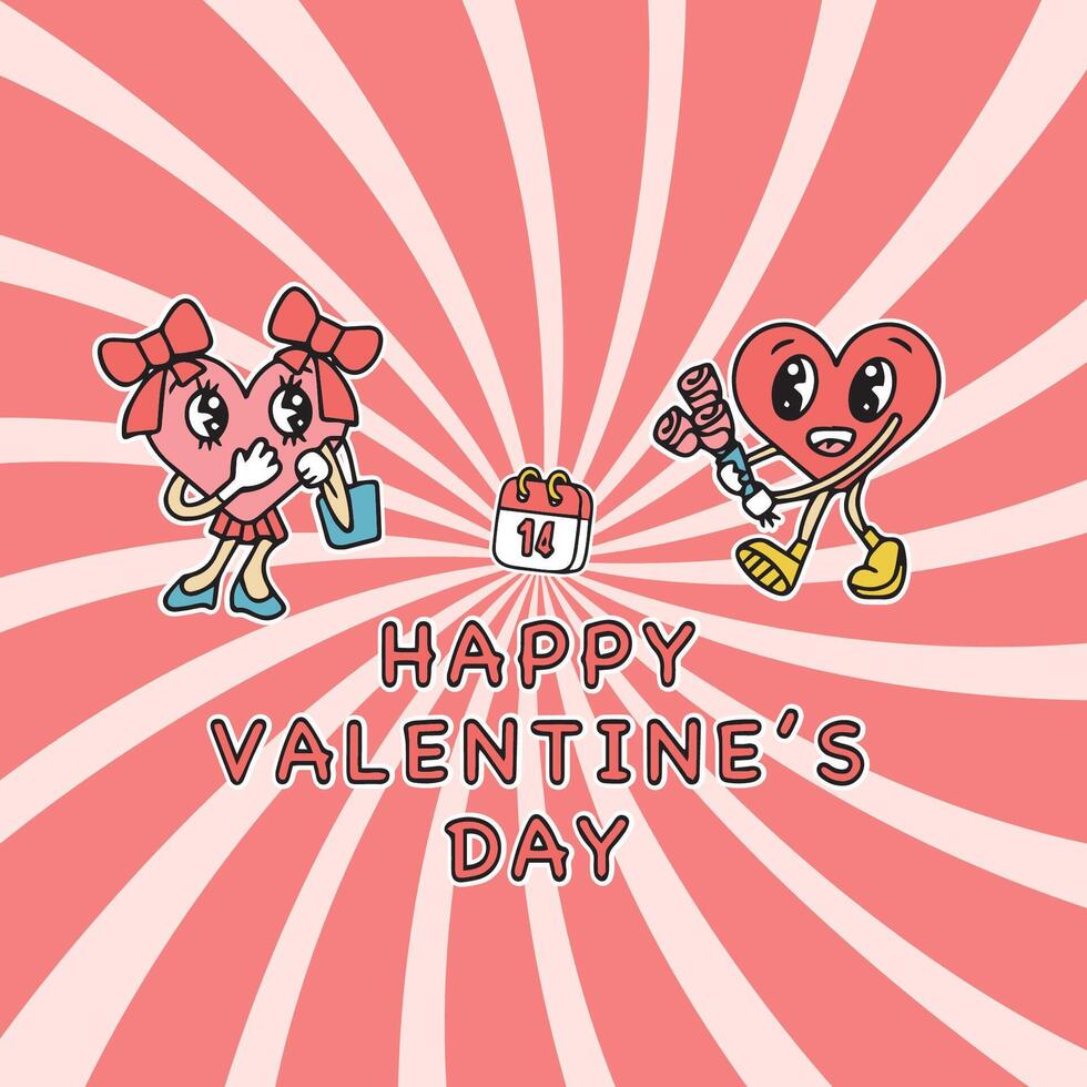 Cute cartoon hearts on retro style background. Cute love symbols with faces in different poses, arms and legs, funny positive emotions. Vector illustration for Valentine's Day