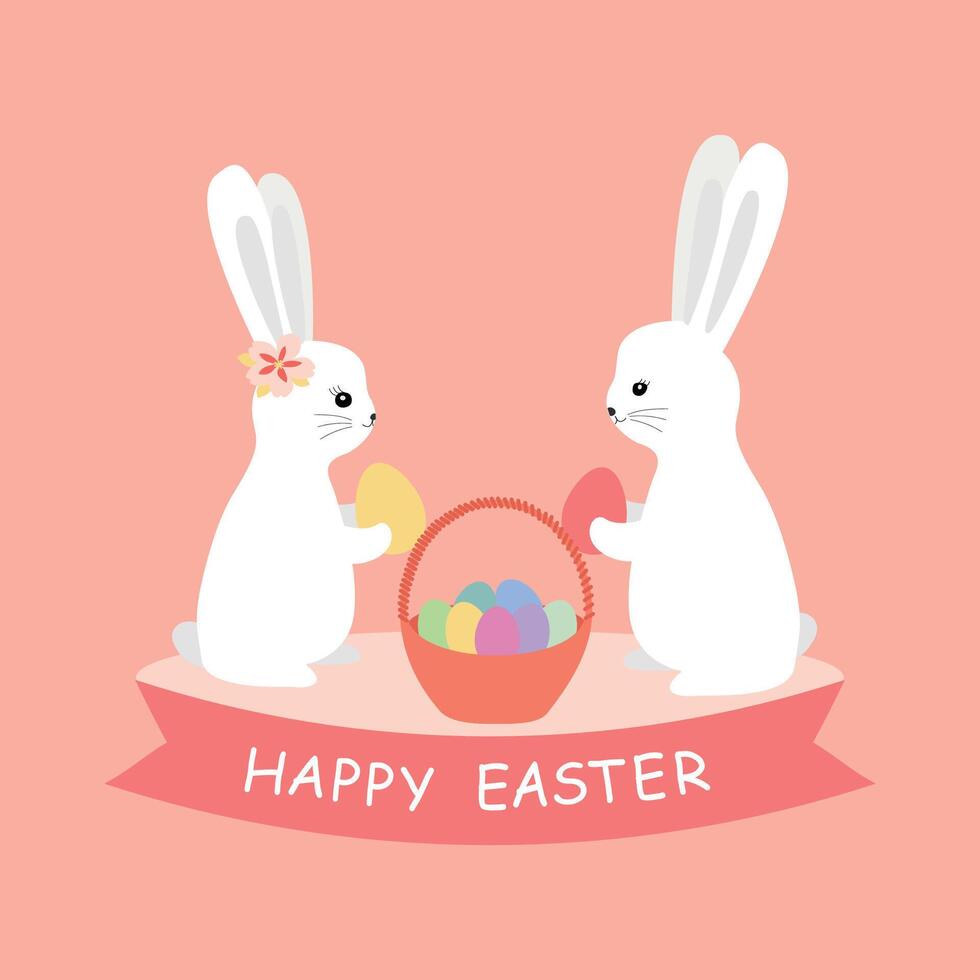 Happy easter card. Illustration with cute bunnies and eggs. Vector illustration isolated on pink background