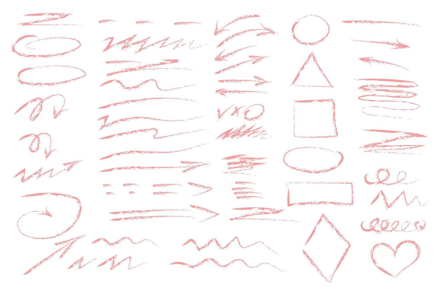 Colorful dry brush marks, pencil squiggles and scribbles. Hand drawn vector pencil drawing of various lines, spirals and designs, chalk strokes, pencil dividers. Curly lines.