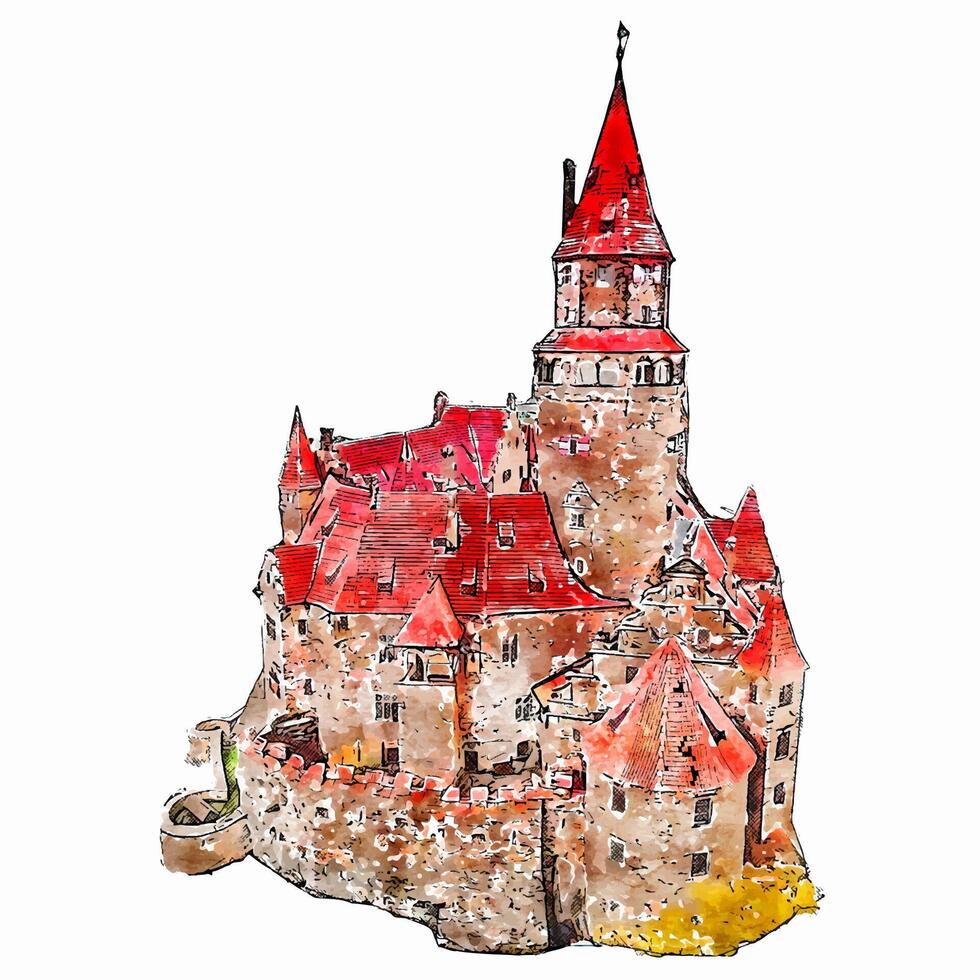 Bouzov Castle Czech Republic watercolor hand drawn illustration isolated on white background vector
