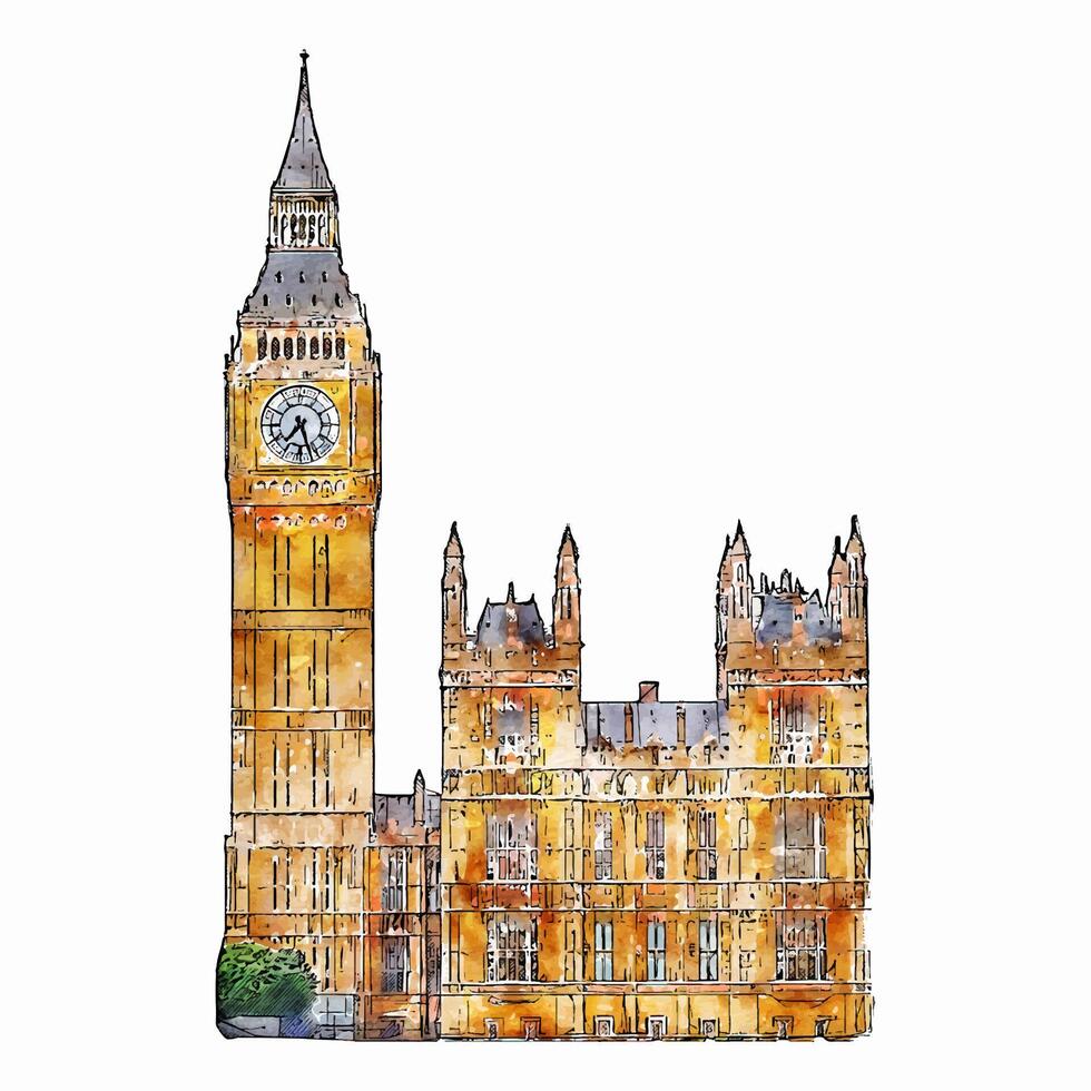 Big Ben Tower London watercolor hand drawn illustration isolated on white background vector