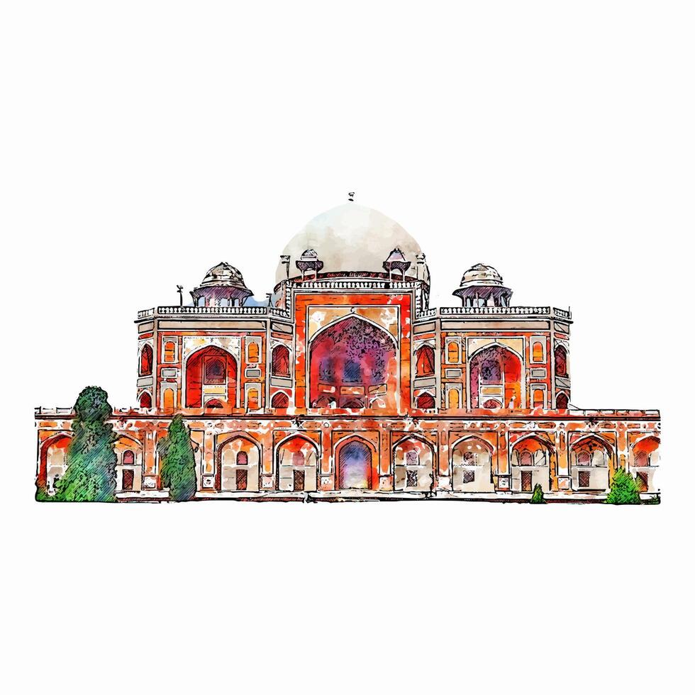Delhi India watercolor hand drawn illustration isolated on white background vector
