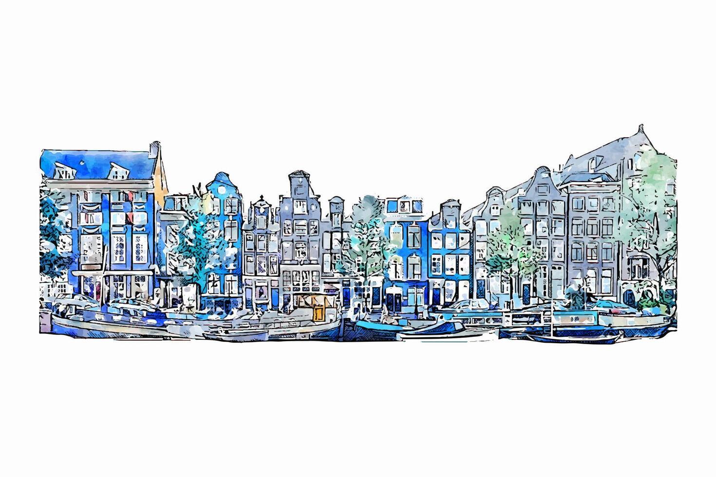 Amsterdam Netherlands watercolor hand drawn illustration isolated on white background vector