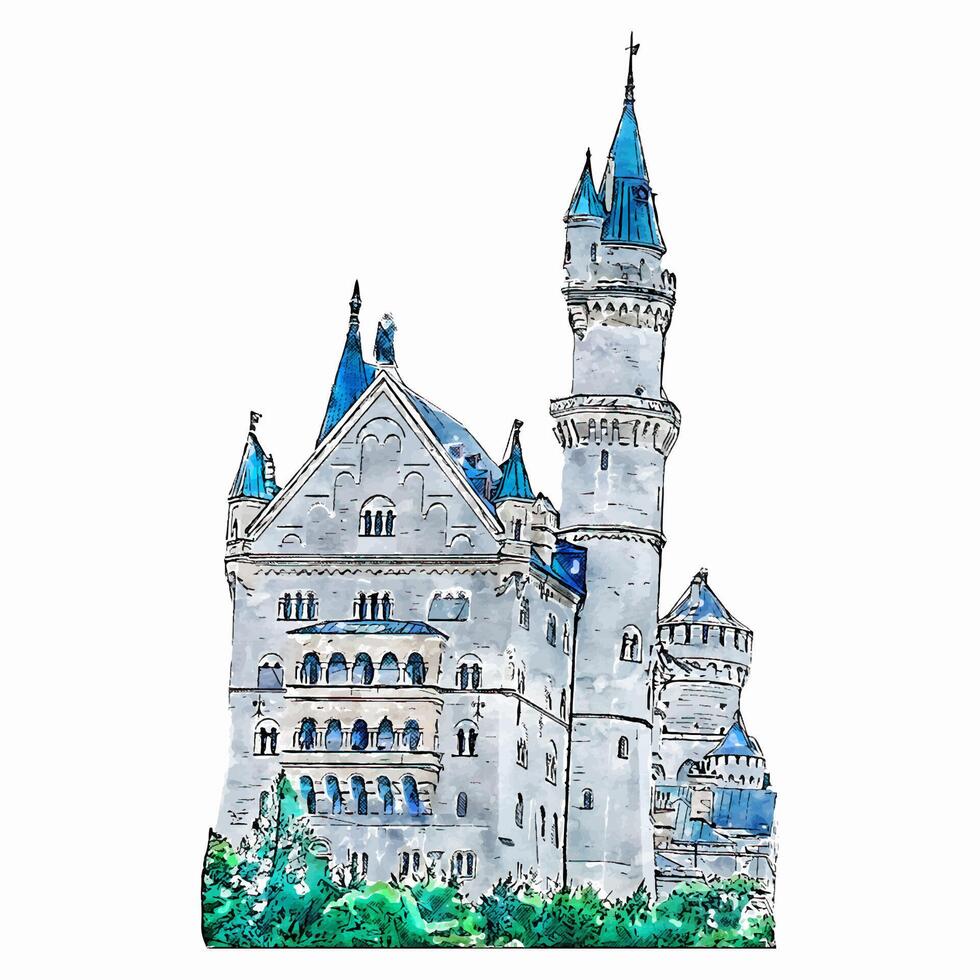 Neuschwanstein castillo Alemania acuarela mano dibujado ilustración aislado en blanco antecedentes vector