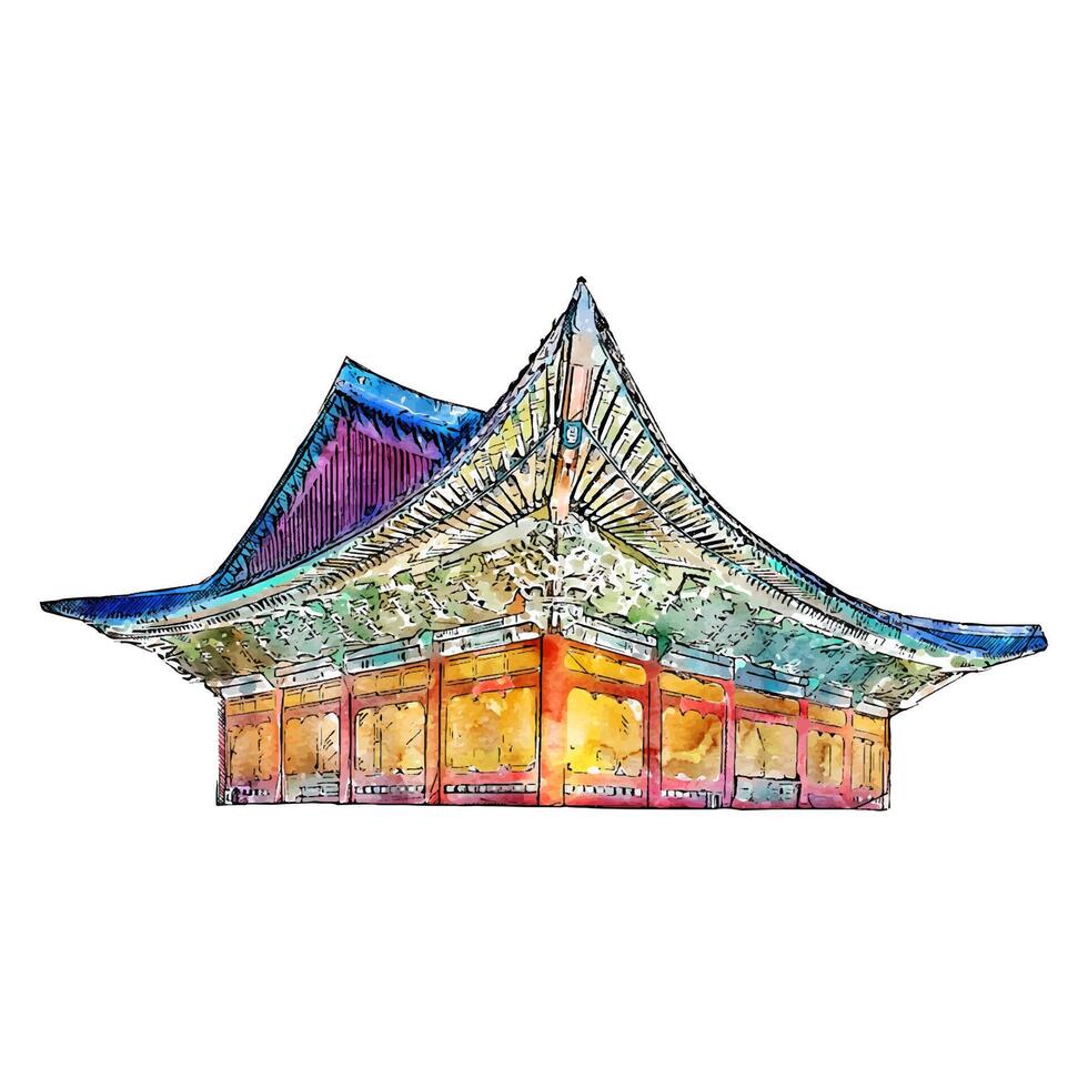 Architecture Korea watercolor hand drawn illustration isolated on white background vector