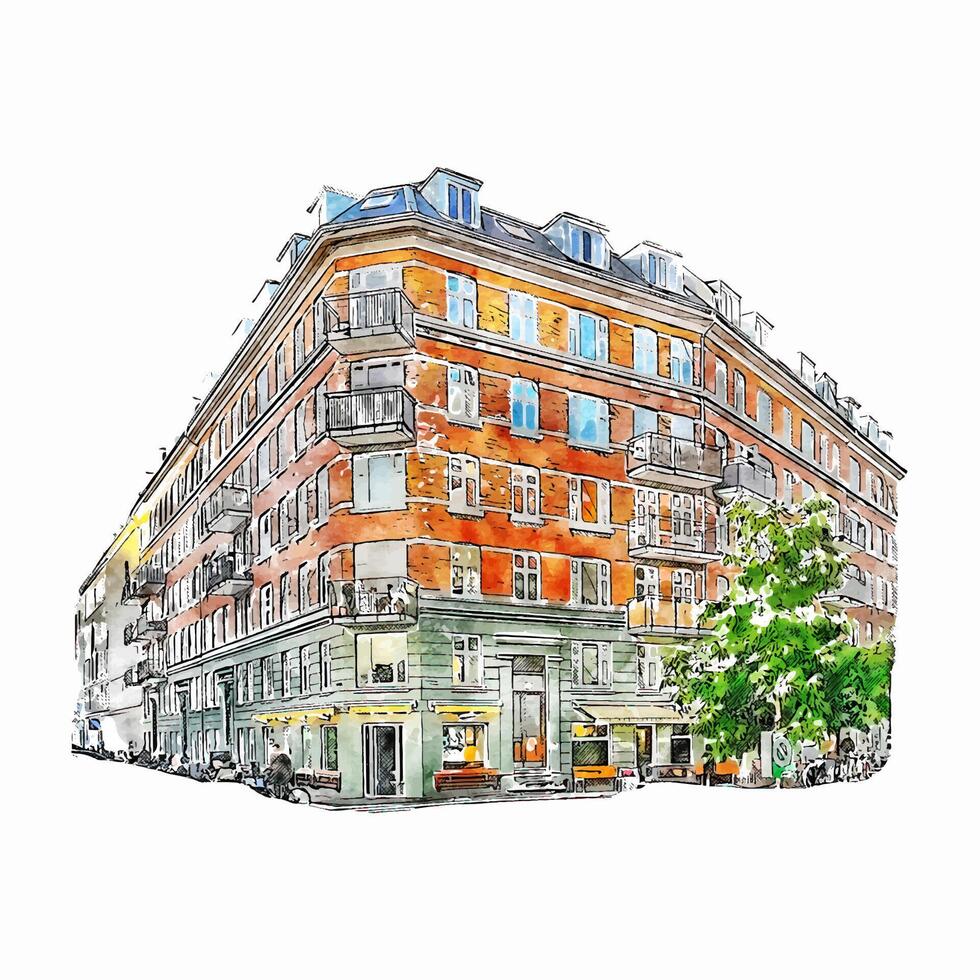 Copenhagen Denmark watercolor hand drawn illustration isolated on white background vector