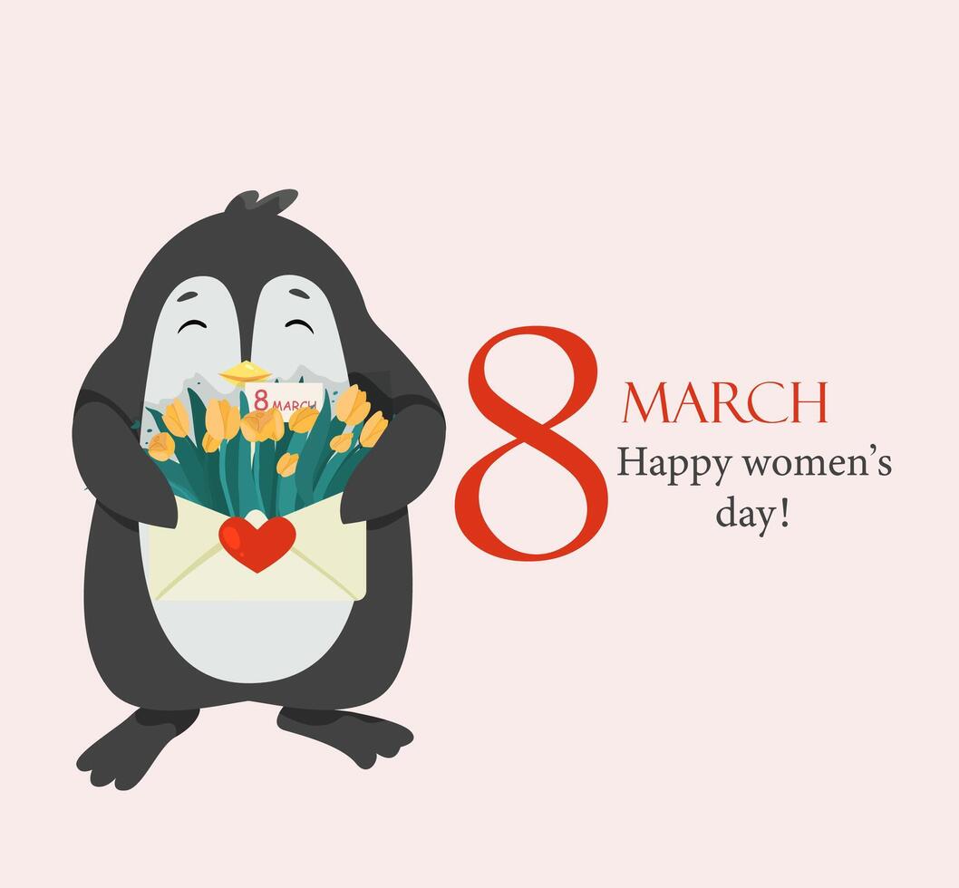 internacional De las mujeres día. un linda pingüino sostiene un sobre con amarillo tulipanes en sus patas pingüino. sobre con flores tarjeta postal para marzo 8. palabras de Felicidades en De las mujeres día. desde marzo 8 vector