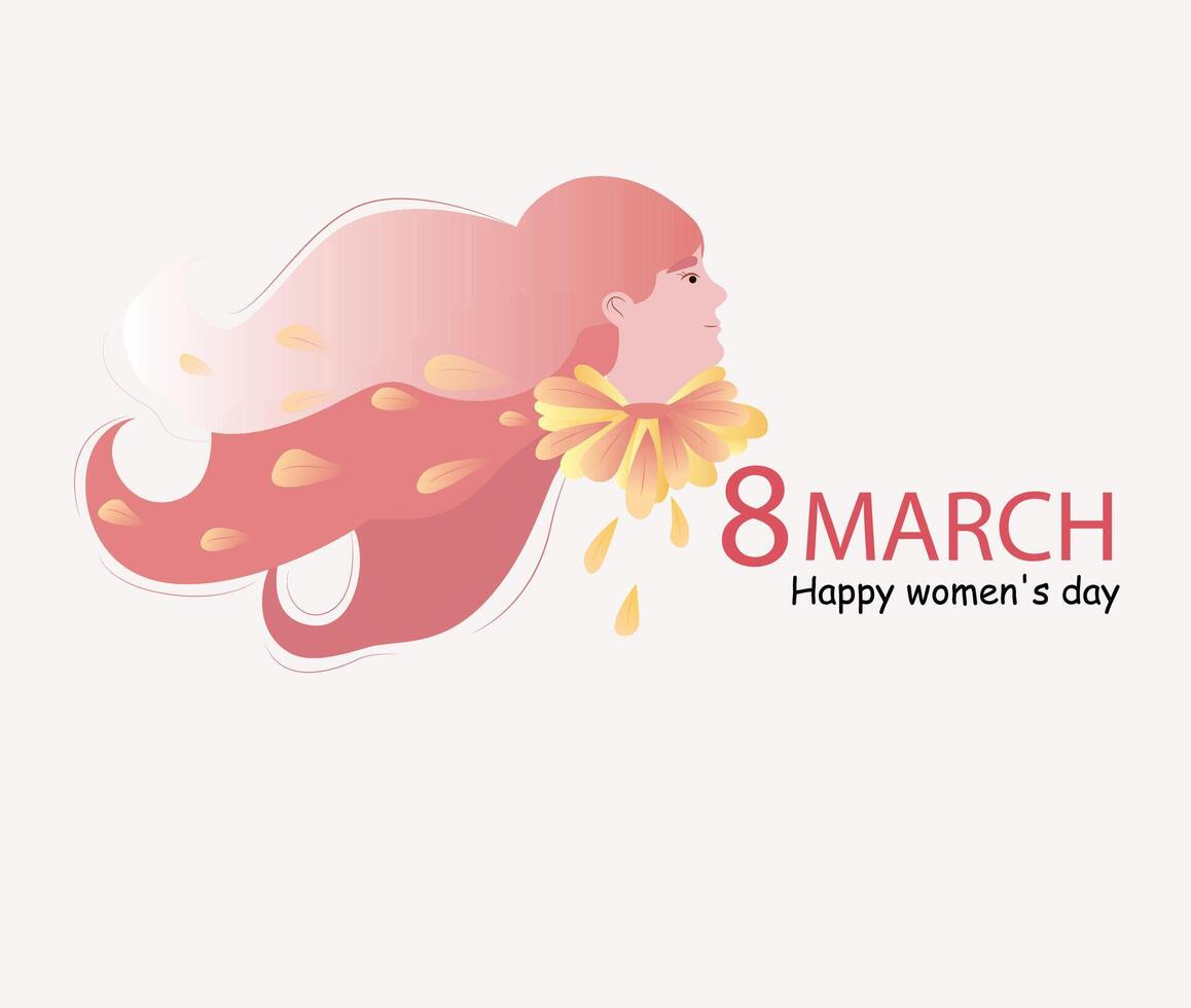 Postcard for March 8. International Women's Day. The image of a girl grows from a flower. Beautiful flying hair. Banner, flyer for March 8th. Congratulations and happy holiday wishes for newsletter vector