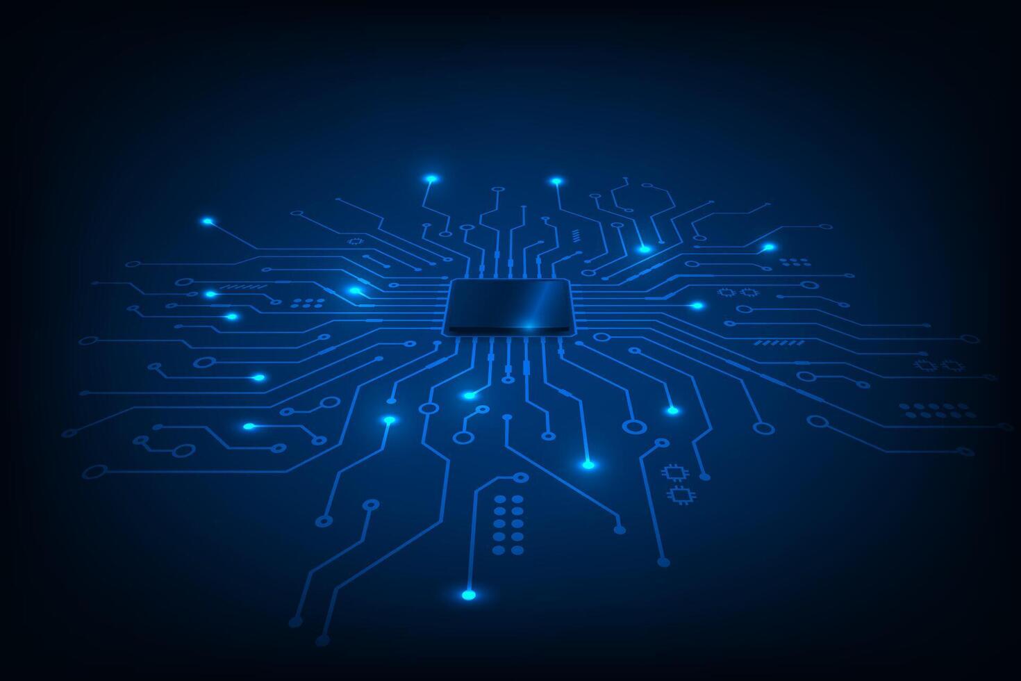 Vector perspective abstract technology chip processor, circuit board on blue background.