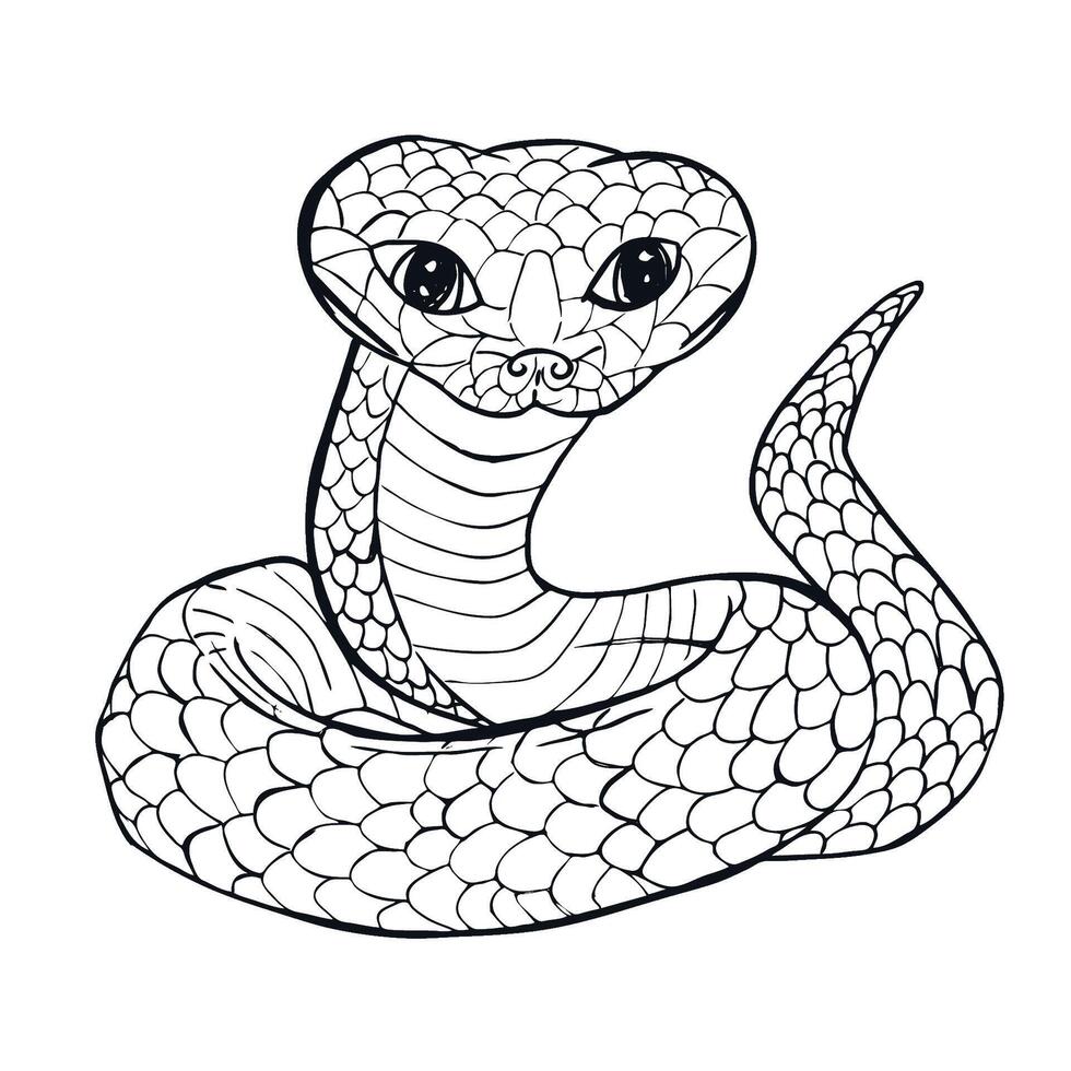 Beautiful and cute, but dangerous striped black a sea serpent snake line art separately on a white background. Vector cartoon illustration, page coloring book. 2025 symbol of the year