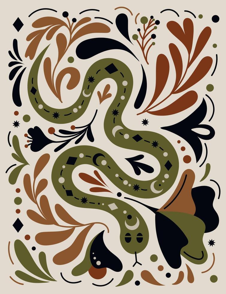 Mystical serpent illustration in hand drawn boho style with floral elements. Fantasy concept mythical creature, esoteric elements. Perfect for tarot cards, posters, t-shirt graphic. Ethnic magic 2025 vector