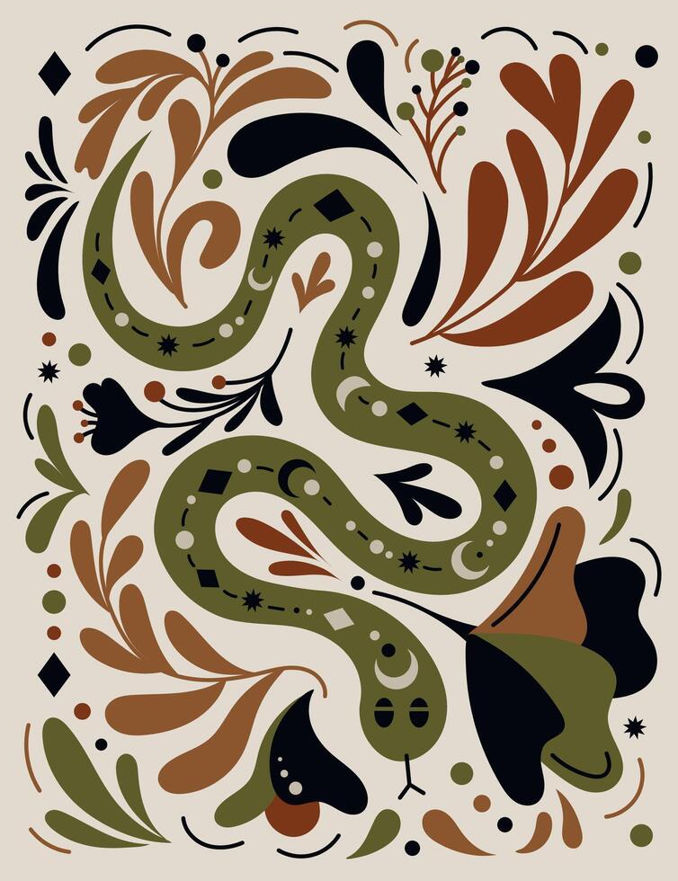 místico serpiente ilustración en mano dibujado boho estilo con floral elementos. fantasía concepto mítico criatura, esotérico elementos. Perfecto para tarot tarjetas, carteles, camiseta gráfico. étnico magia 2025 vector