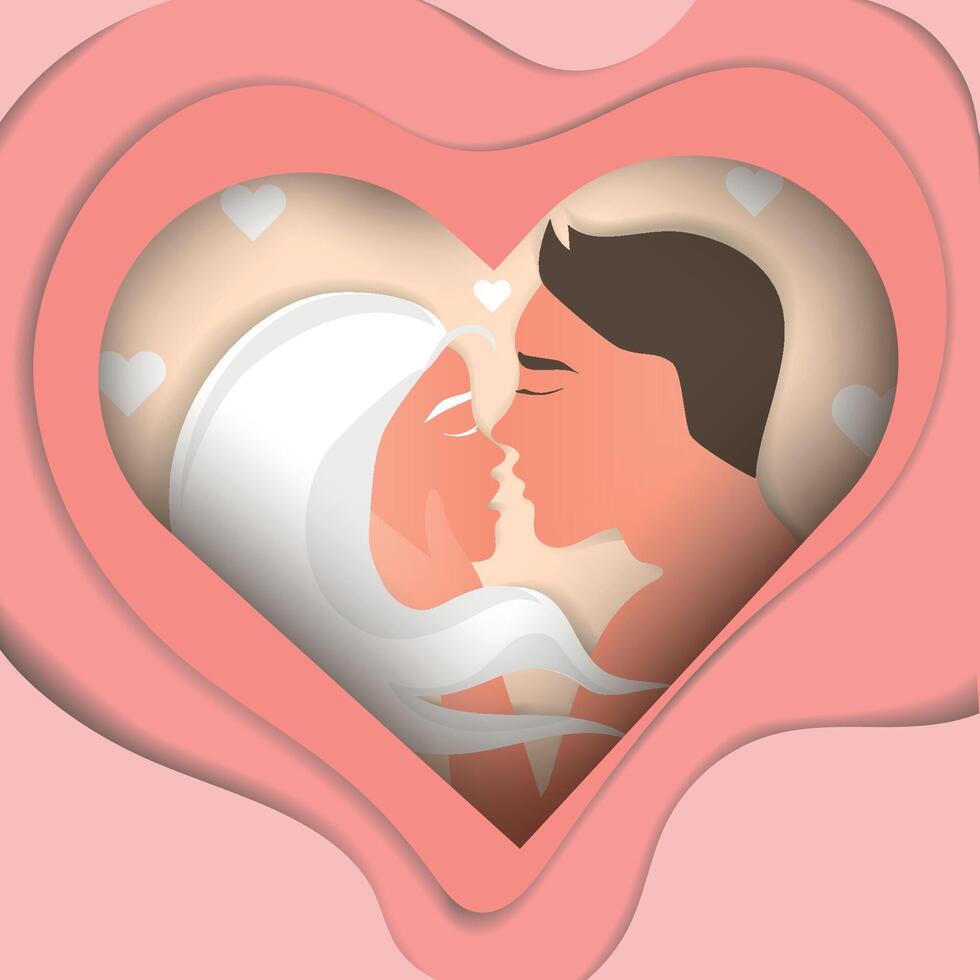 Man and woman in love kissing vector illustration in Paper craft art style.Portrait of a kissing couple of young people in a heart-shaped frame.Valentine's day design