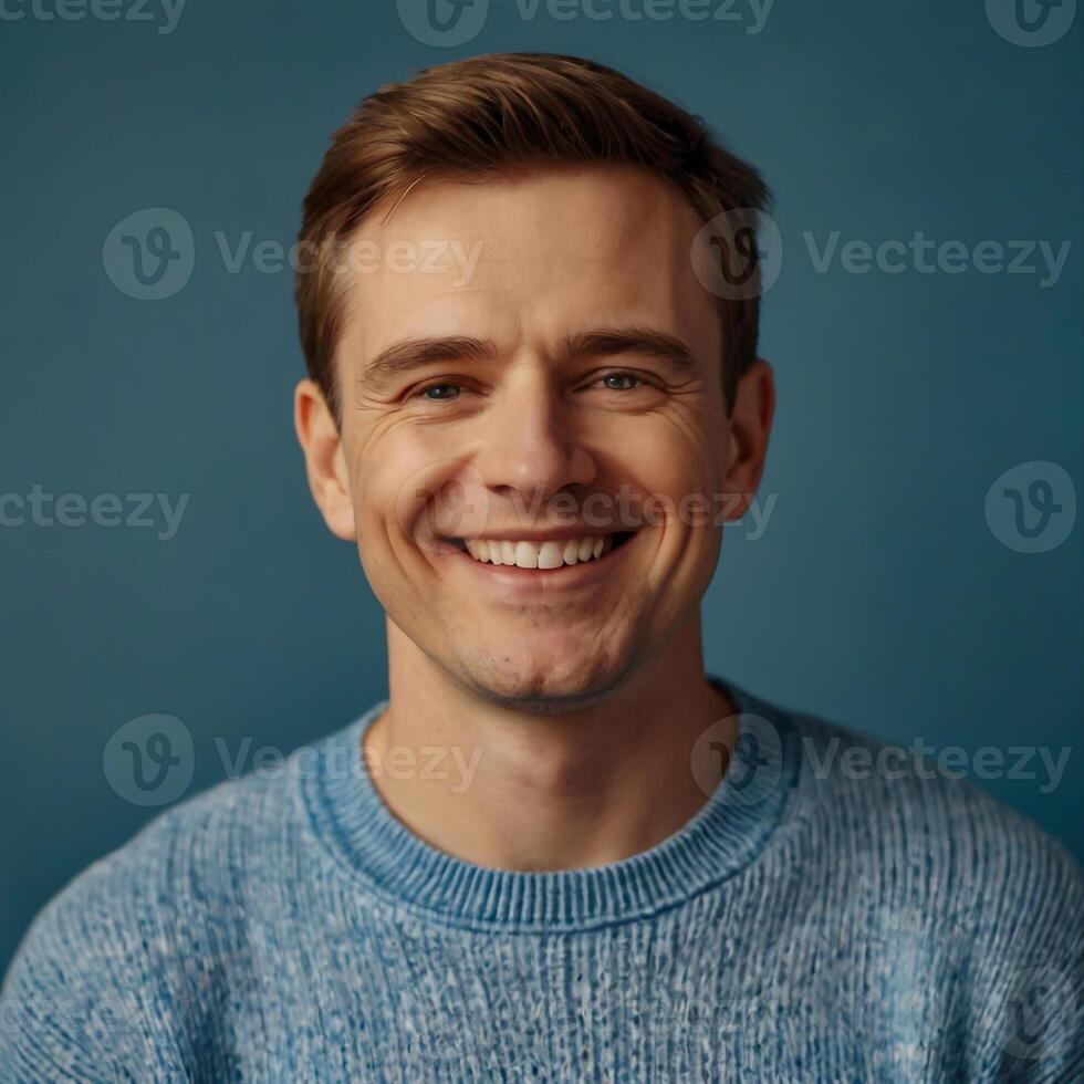 AI generated A man in a blue sweater on a blue background photo