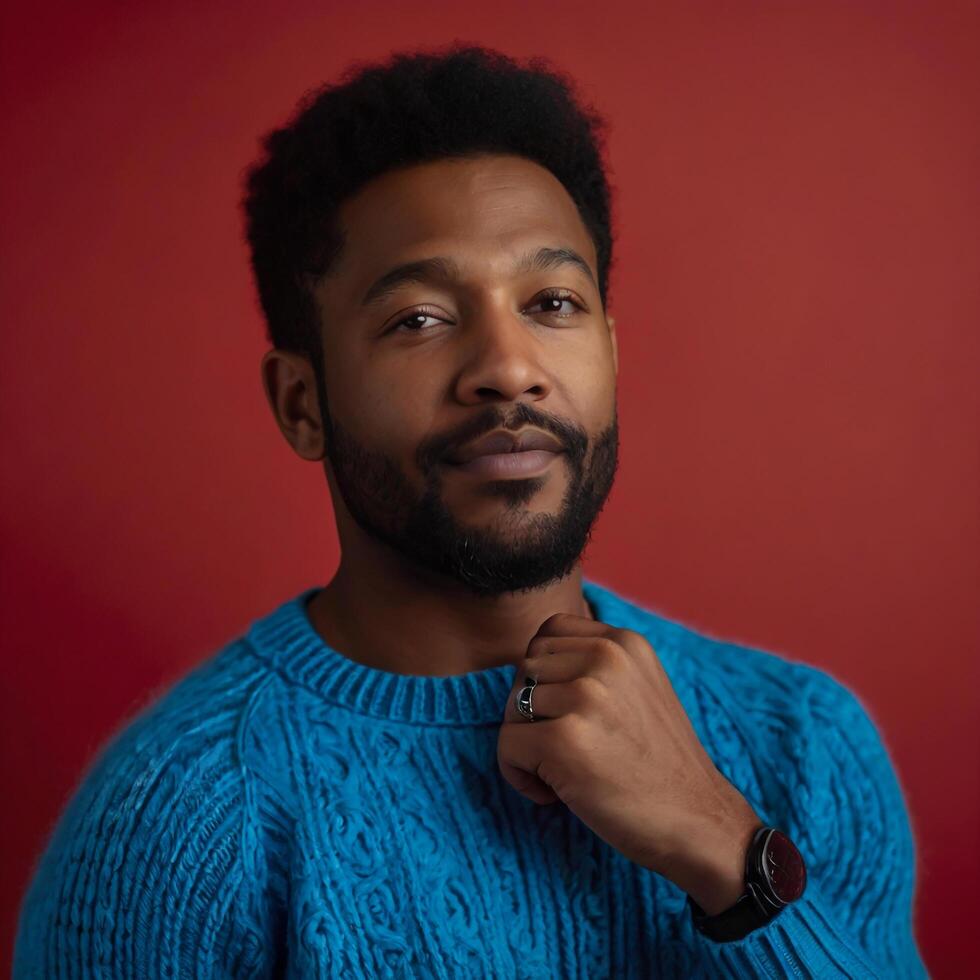 AI generated A man in a blue sweater on a red background. photo