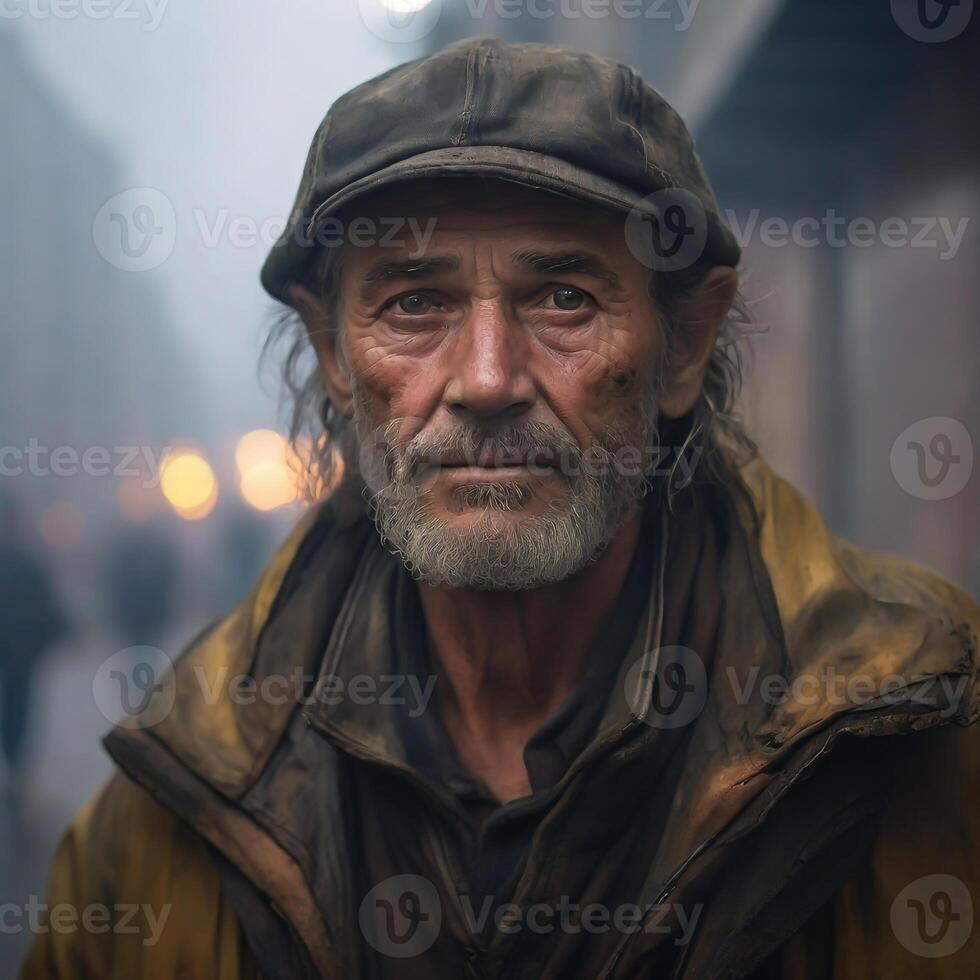 AI generated A dirty homeless gentleman with detailed face in a foggy background photo