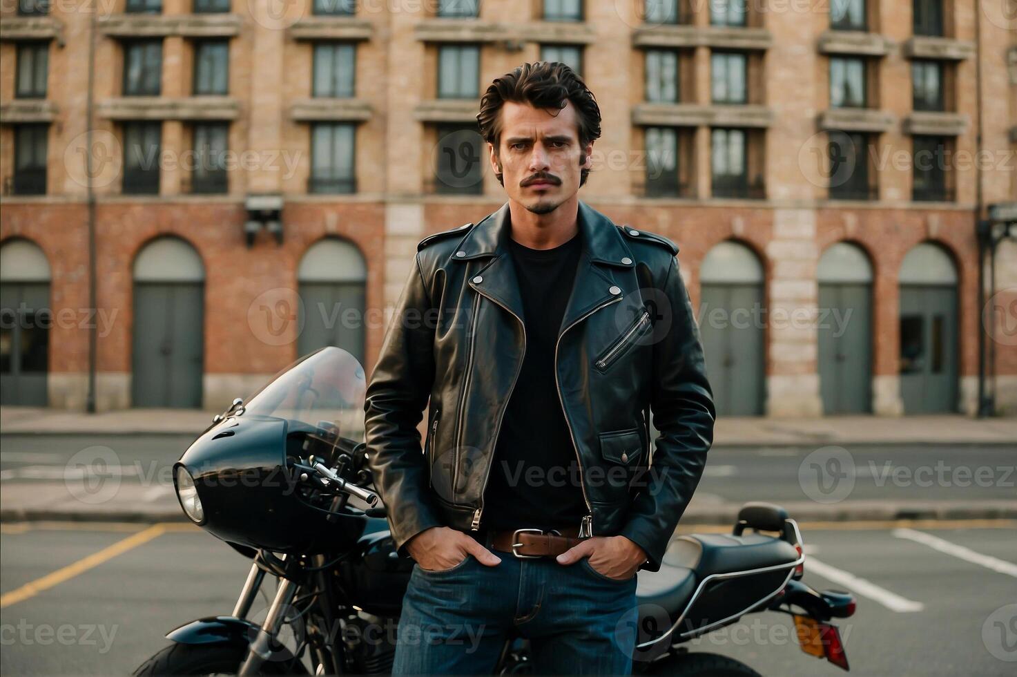 AI generated A shot of a man wearing a leather jacket, standing in front of his bike photo
