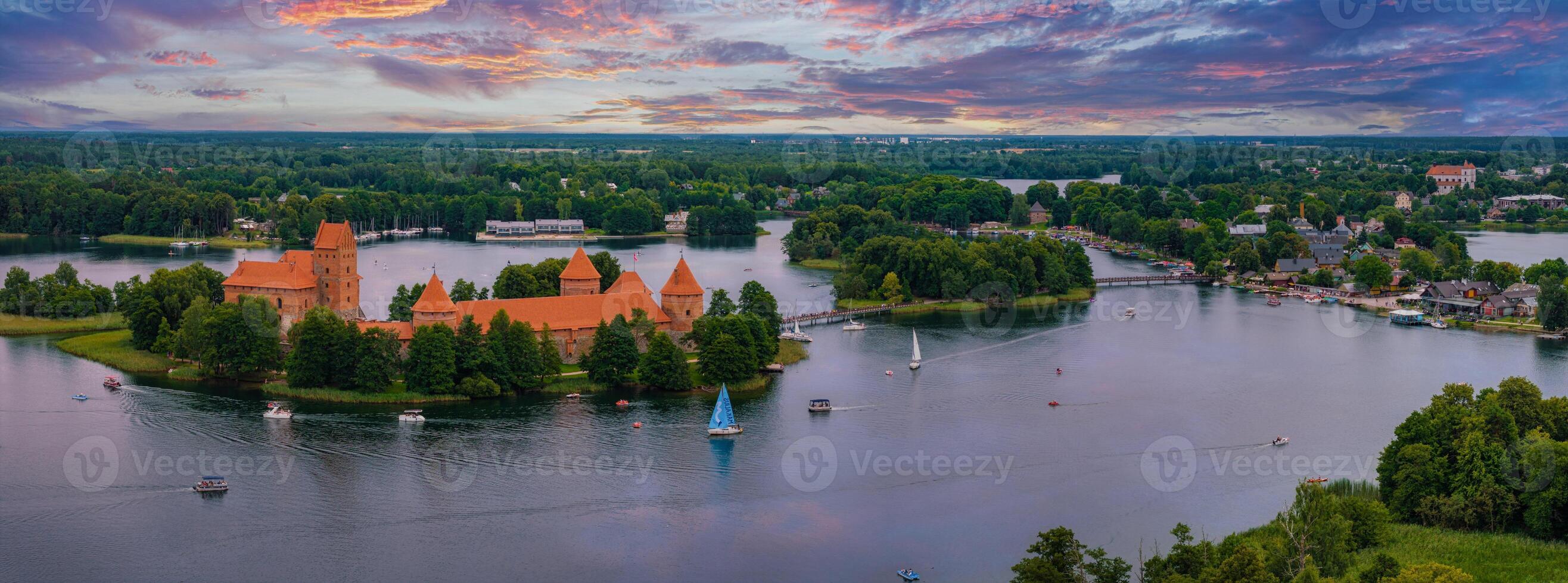 Aerial view of Trakai, over medieval gothic Island castle in Galve lake. photo