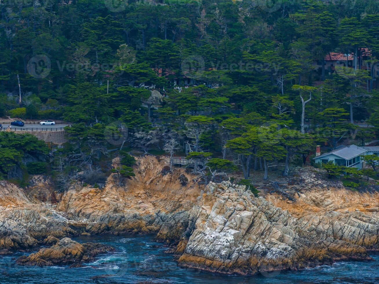 17 mile drive nature. Beautiful aerial view of the Pacific ocean photo