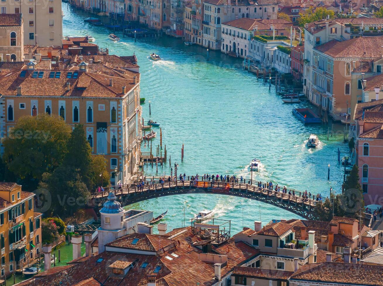 Aerial View of Venice near Saint Mark's Square, Rialto bridge and narrow canals. photo