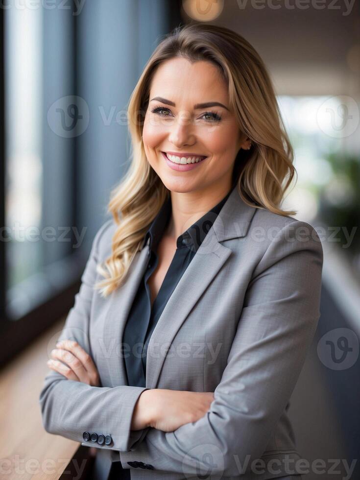 AI generated Business woman, happy confident positive female entrepreneur photo