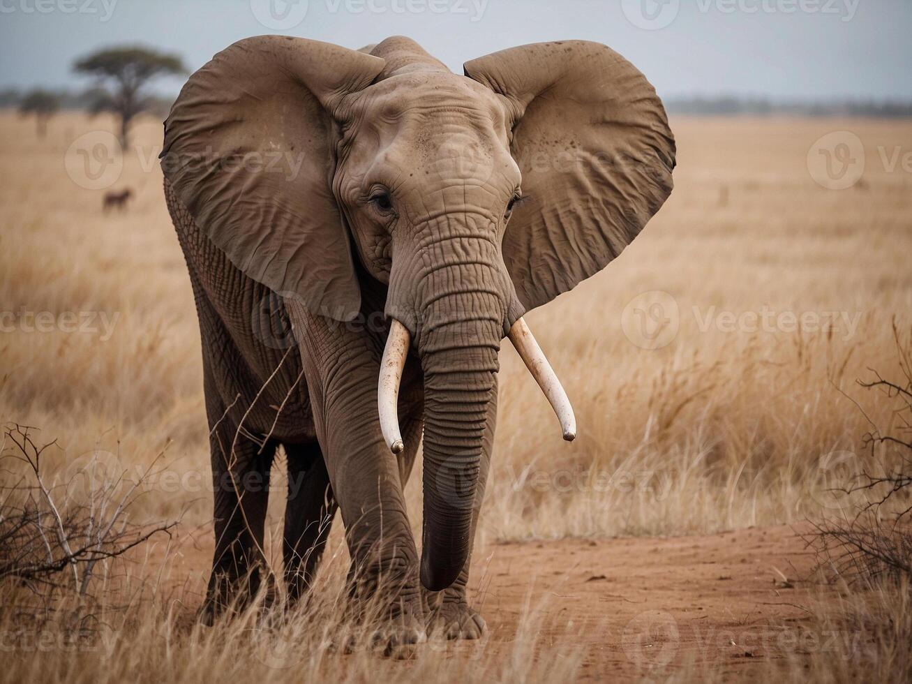 AI generated An awe-inspiring sight unfolds as an African elephant gracefully roams the sunlit savannah, surrounded by the golden hues of the grasslands. photo