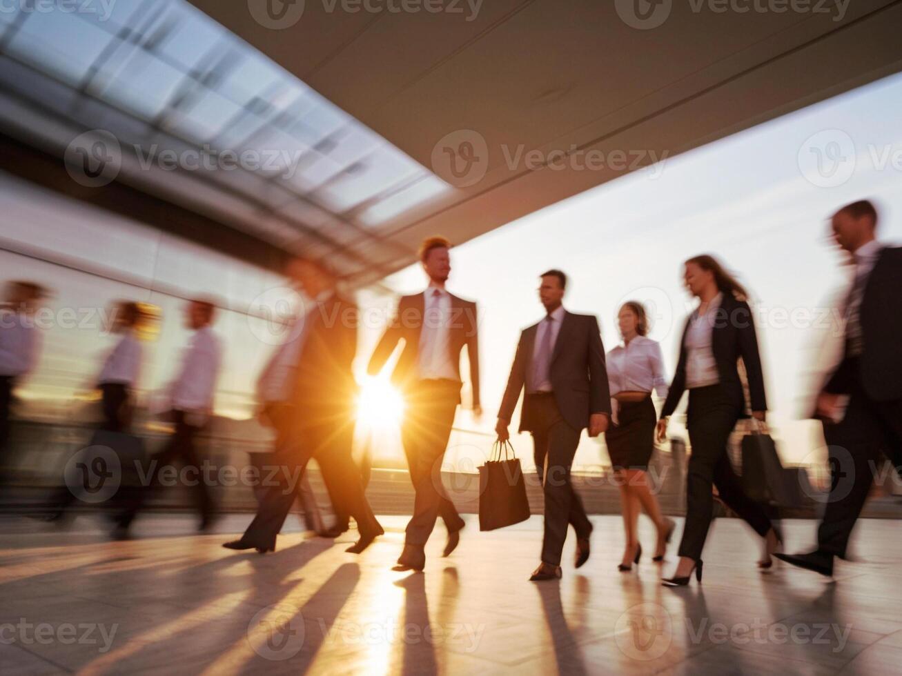 AI generated Bustling business scene in this captivating image featuring blurred motion of business people walking. The warm hues of the sunset cast a golden glow on the surroundings photo