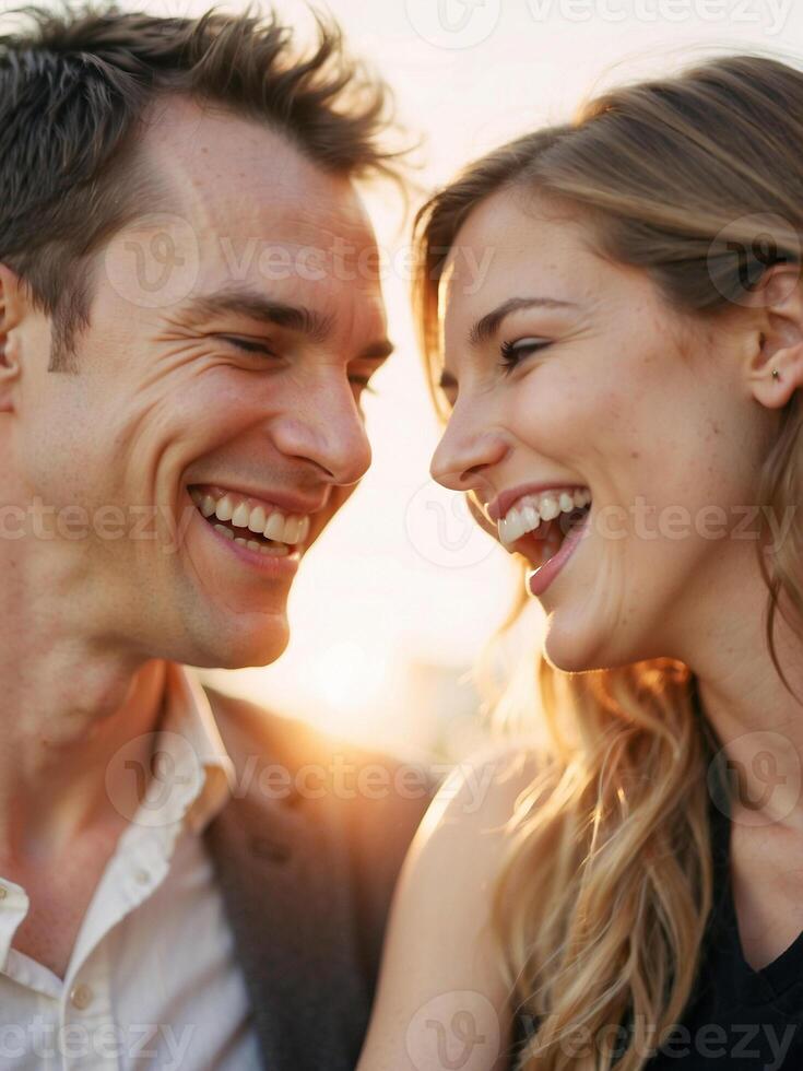 AI generated Happy couple, love and hug laughing in joyful happiness for bonding time together in the outdoors. photo