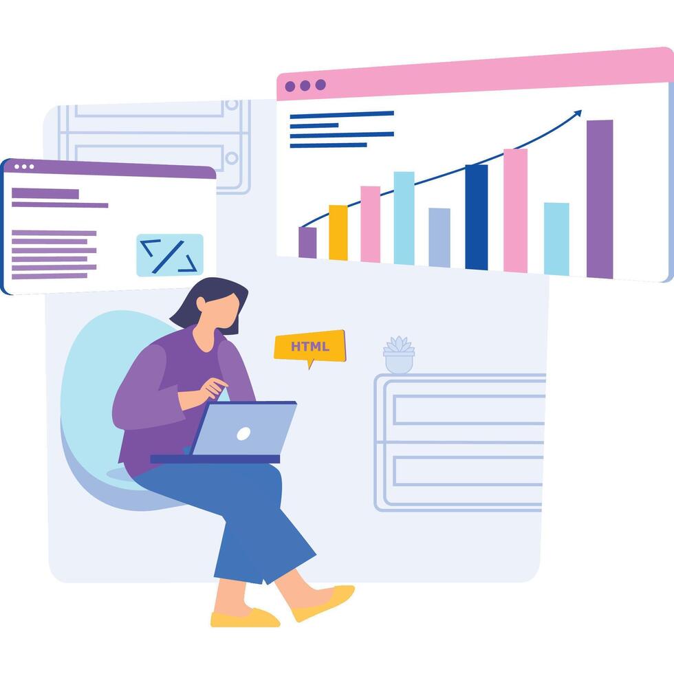 Female developer working on data analytics Illustration vector