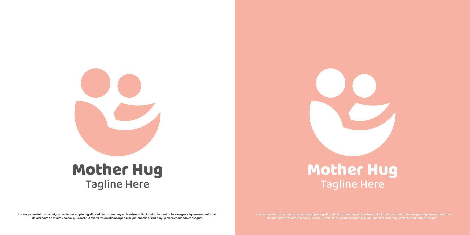 Mother child logo design illustration. Silhouette of mother loving child baby son embracing cradling hug care support. Minimal icon symbol affection compassion happiness warm warmth peace calm hope. vector