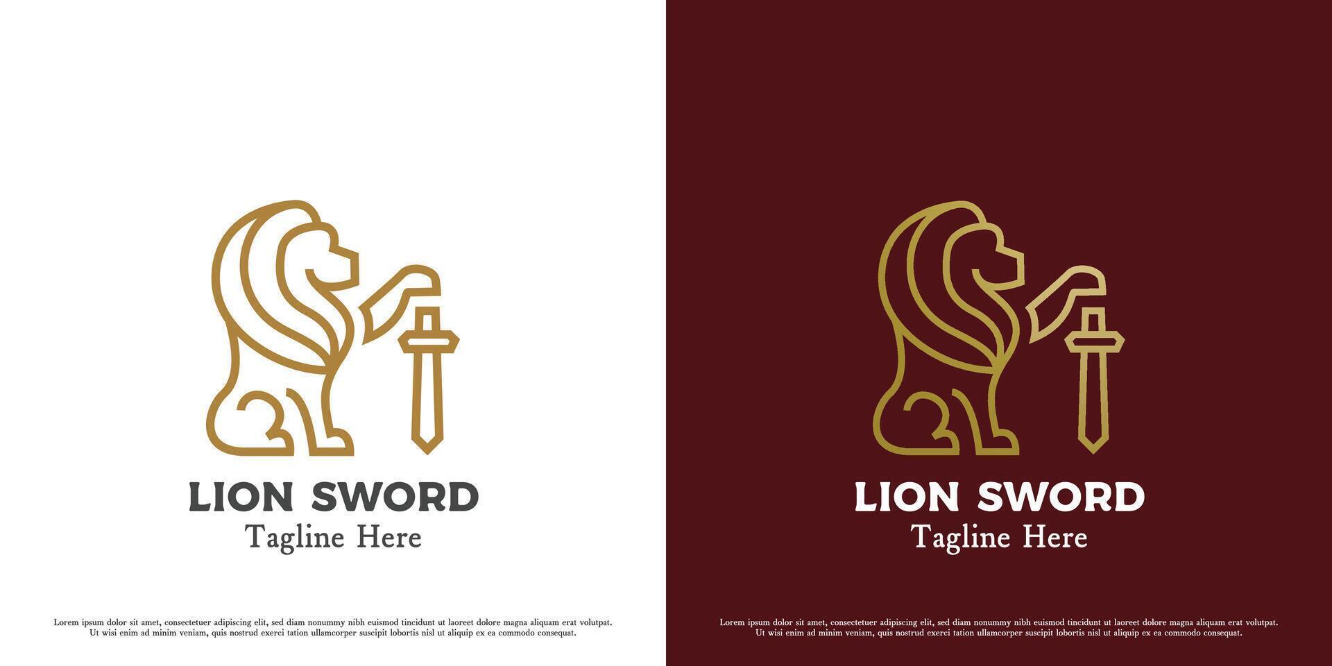 Sword lion logo design illustration. Silhouette of wild animal mascot lion royal fangs claws tail ferocious majesty monarch. Simple minimal minimalist heraldic luxury elegant crest imperial icon. vector