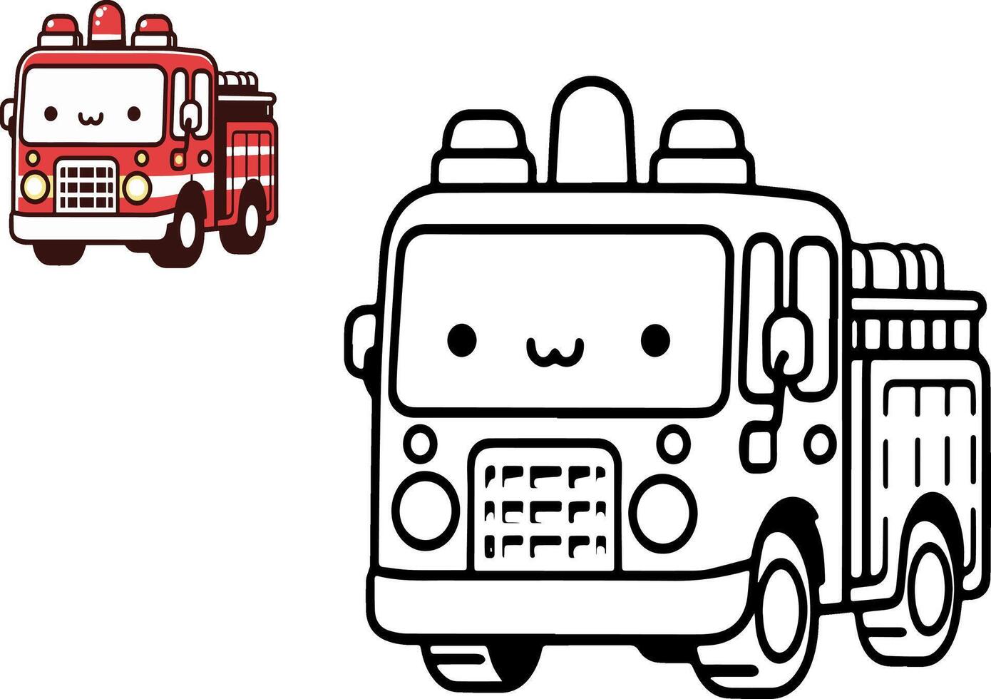 Coloring Book, Cartoon Vector Illustration of Black and White Fire truck, coloring page with Emergency car. Doodle Comic Characters Machine for Children Education.