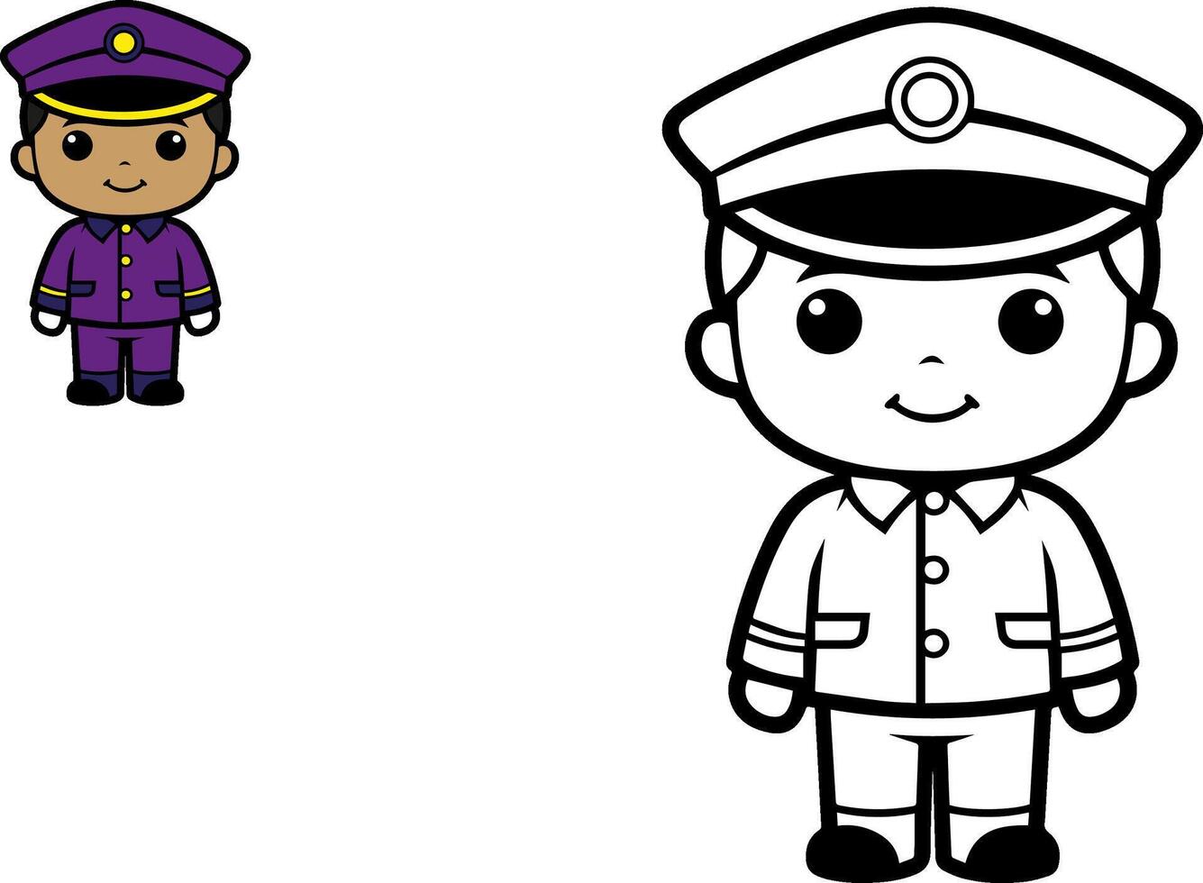Policeman or police officer. Coloring page and colorful clipart character. cute cartoon for kids. Vector illustration.