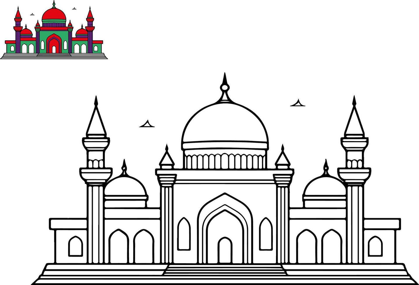 Vector illustration of coloring image of a mosque with colorful sample. Can be used for coloring books and coloring pages. flat vector