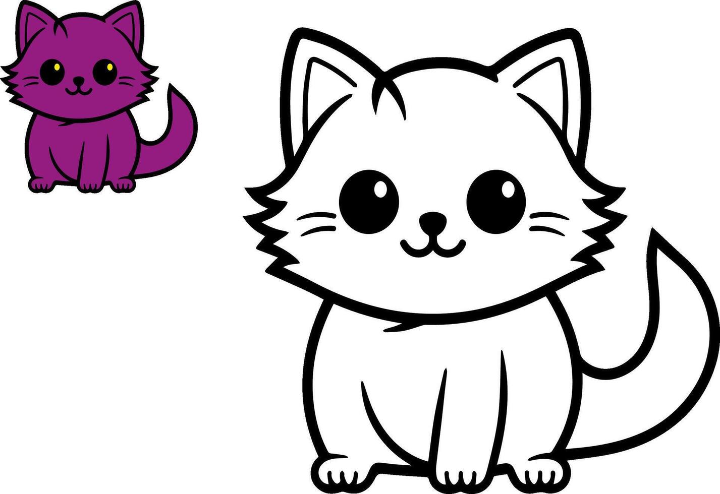 Colorful and black and white pattern for coloring. Illustration of cute kitten. Worksheet for children and adults. Vector image.