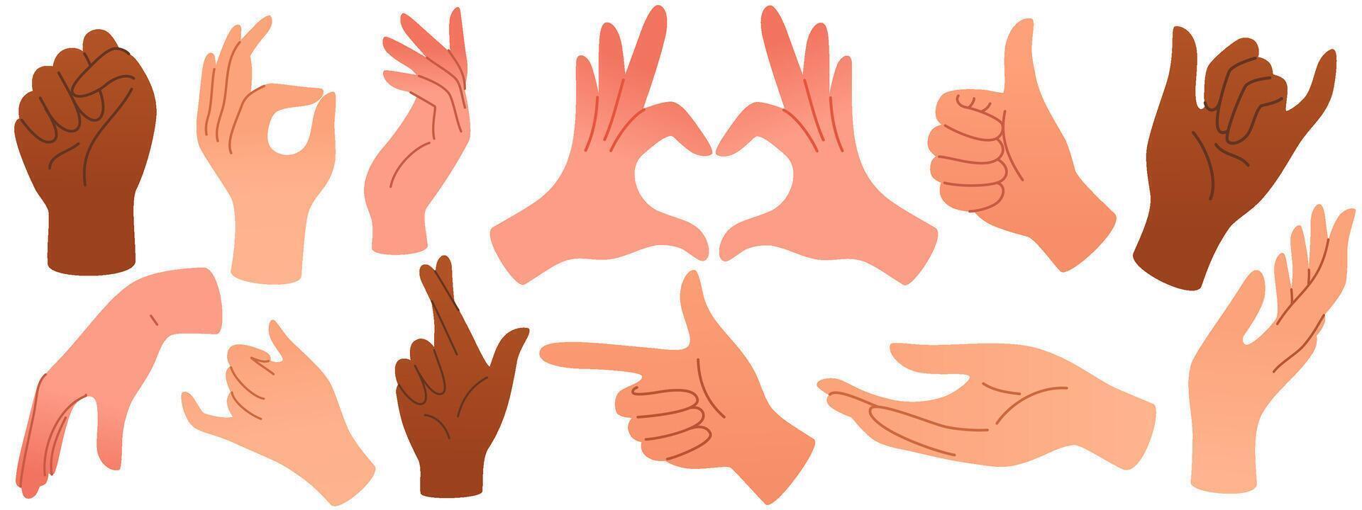 Set of hands in doodle style human arms. Vector different man woman hands showing peace sign, heart, thumbup isolated on the white background